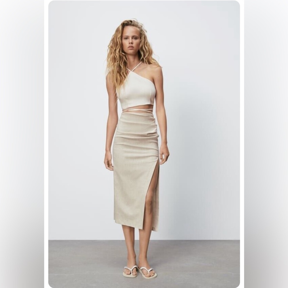 Zara Linen Blend Draped Ruched Midi Skirt Sand Beige, Size M